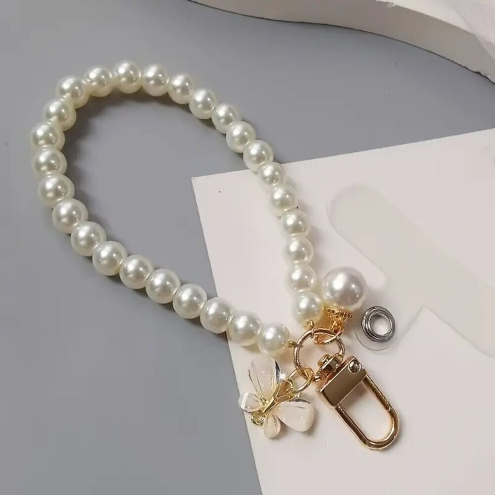 Imitation Pearl Short Mobile Phone Lanyard Wrist Strap - Butterfly - Picture 2 of 4
